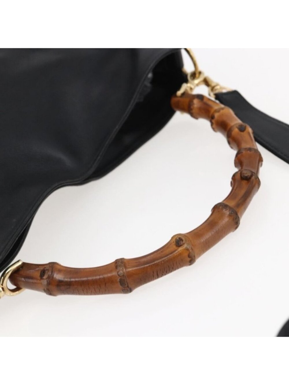 Authentic GUCCI Bamboo Shoulder Bag Leather 2way Black Gold 001 1705 1638 - Picture 14 of 16